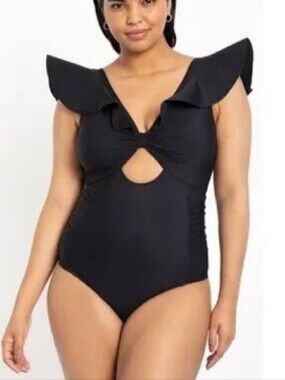 Eloquii-Women's 26  Black Ruffle Shoulder One-Piece Swimsuit NWT Plus Size